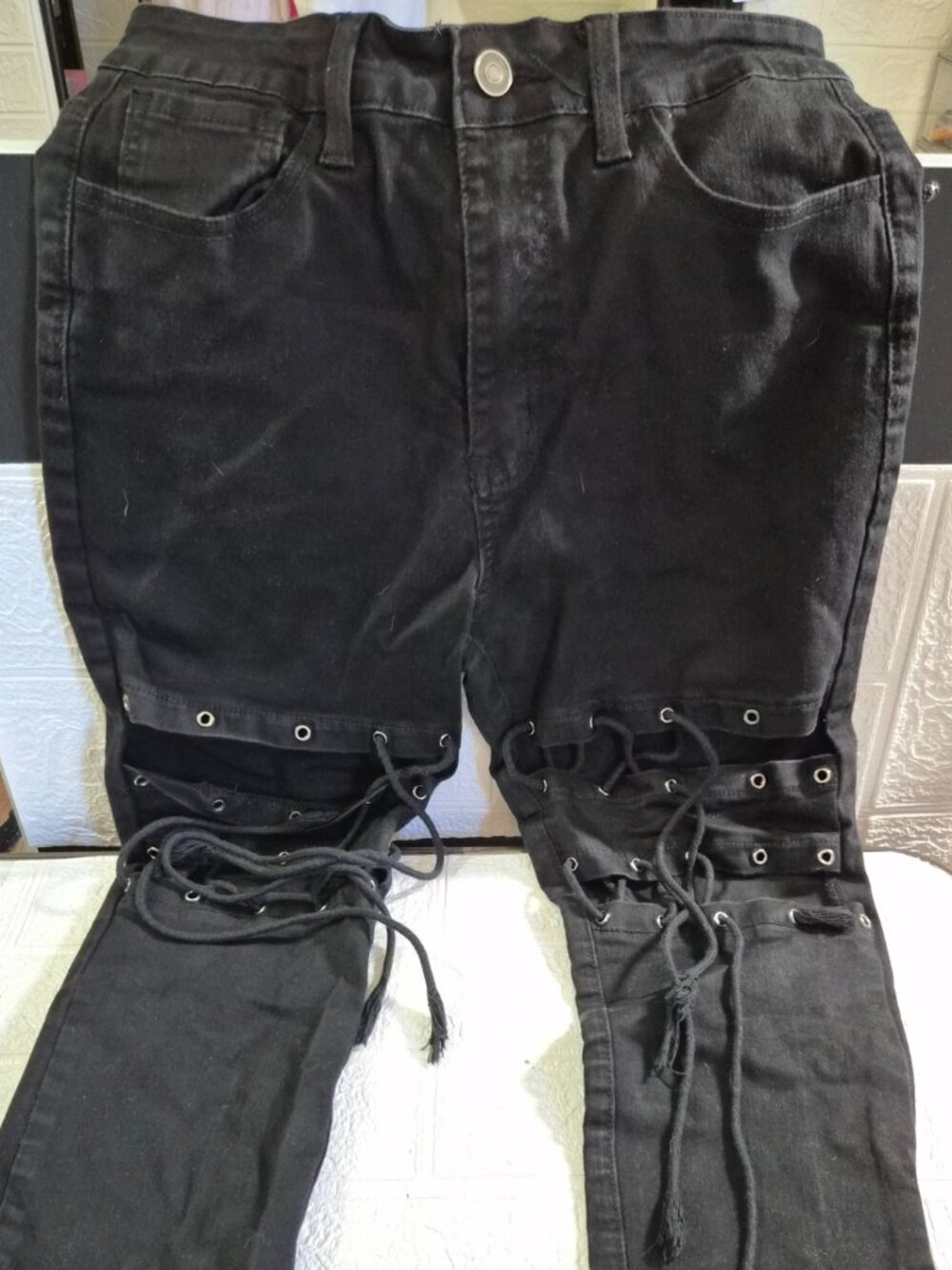 Fashion Nova Skinny Jeans Women 9 Black Silver Grommet Stretch corset Goth Punk